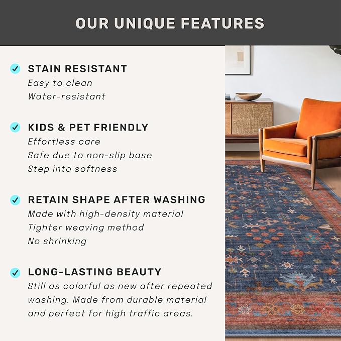 Washable Navy Blue Living Room Rug, 8x10 Area Rug - Image 7