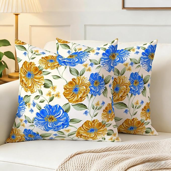 Mustard Yellow Floral Spring Summer Throw Pillows Covers 18x18 Inch Set of 2 - Image 3
