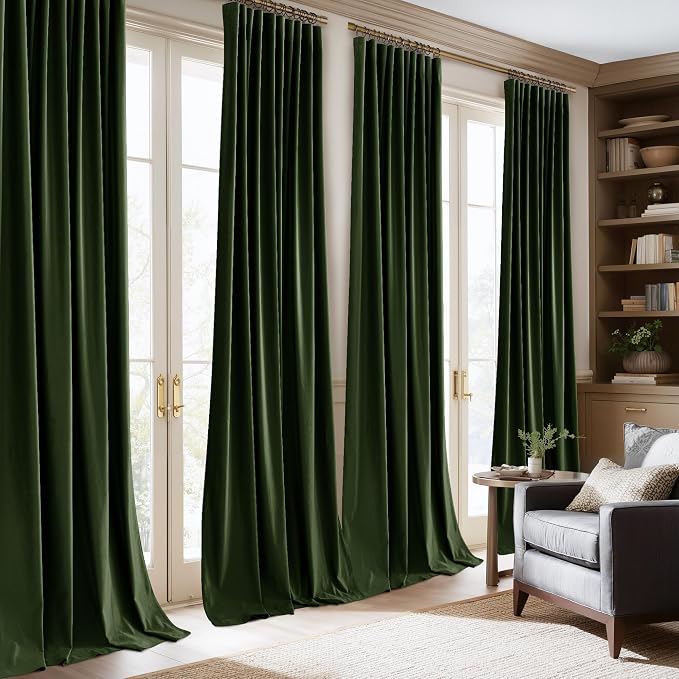 NICETOWN Olive Green 90 inch Long Velvet Curtains Panel - Image 2