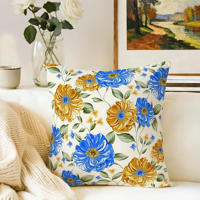 Mustard Yellow Floral Spring Summer Throw Pillows Covers 18x18 Inch Set of 2 - Image 4