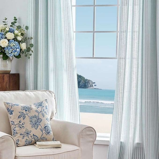 jinchan Linen Curtains for Living Room Aqua Blue Vertical Striped on White - Image 6