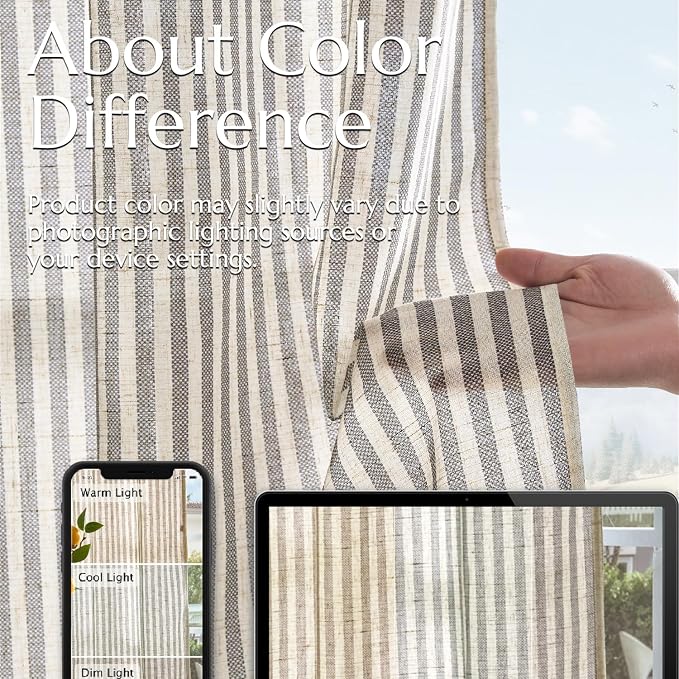 jinchan Linen Curtains Charcoal Grey on Beige Striped Curtains - Image 6