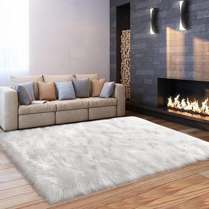 Sheepskin Faux Fur Rug 4x6 White Fur Rug by TENNOLA