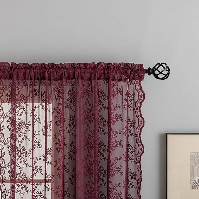 YJ YANJUN Vintage Lace Curtains 63 Inch Length 2 Panels- Burgundy Sheer Curtains - Image 2