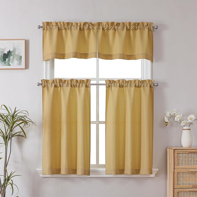 Chyhomenyc 2 Panels Gold Kitchen Curtains 36 Inch Length, Faux Linen Textured - Image 2