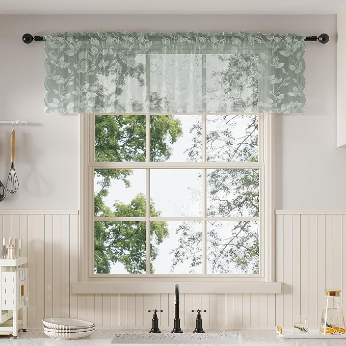 Rinwoc Sage Green Lace Semi-Sheer Valance Curtains 2 Panels – Vintage Leaf Lace by Rinwoc