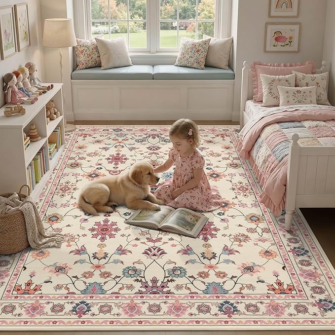 Rugxara Pink Rug for Living Room Bedroom, Floral 5x7 Washable Rug, Vintage Boho by Rugxara