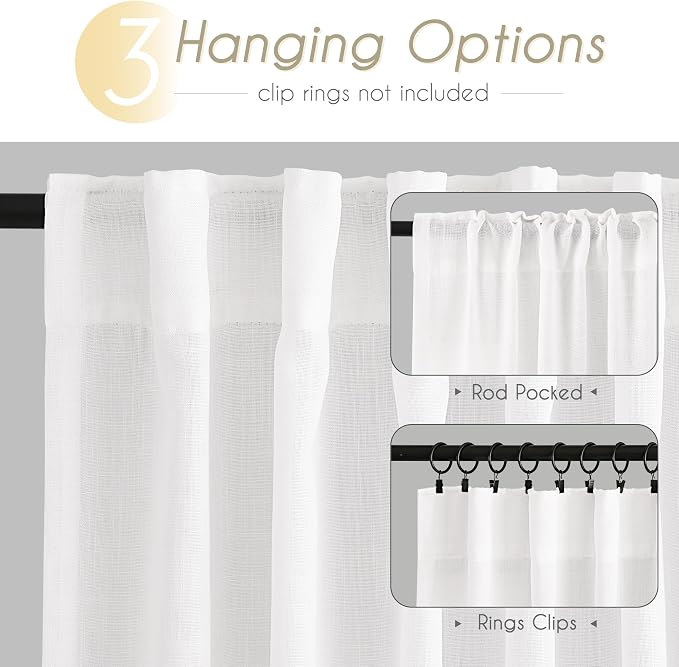 Long White Curtain 108 inches Long 2 Panels Set Back Tab Light Filtering Cotton - Image 2