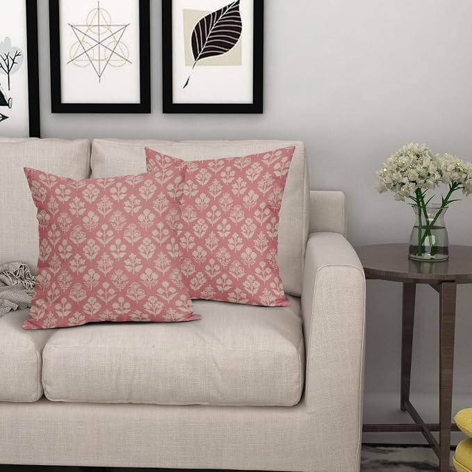 Pink Floral Block Print Pillow Covers 18x18 Inch Set of 2, Vintage Flower - Image 7