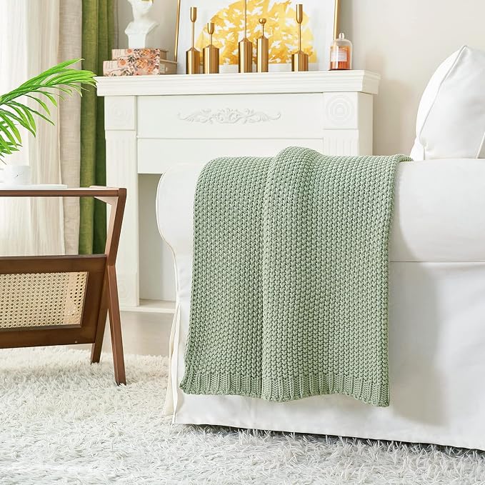 Chunky Cable Knit Throw Blanket Lightweight Light Green 100% Organic Cotton - Image 2