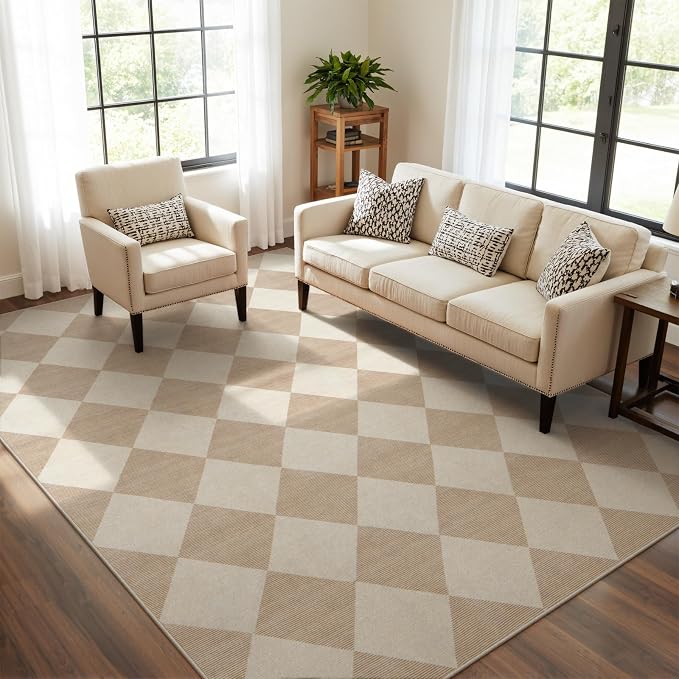 Beeiva Checkered Print Living Room Rugs 8x10, Moroccan Beige Washable Area Rug - Image 2
