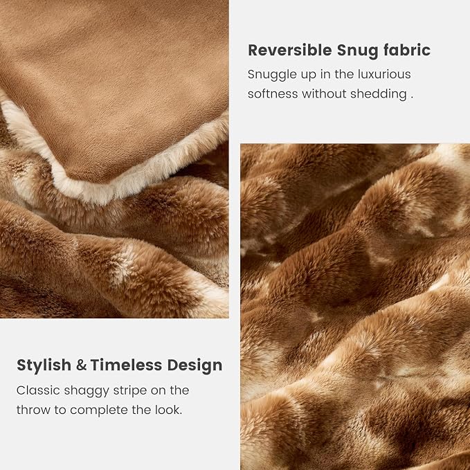 Cozy Bliss Deluxe Striped Rabbit Faux Fur Throw Blanket, Soft Fluffy Warm Plush - Image 7
