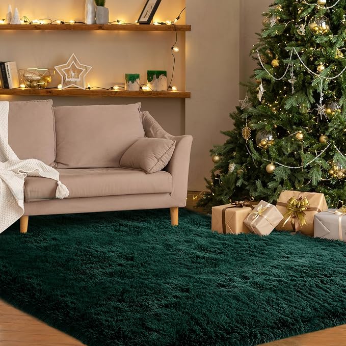 Green Area Rug for Living Room: 6x9 Fluffy Shag Carpet-Modern Fuzzy Furry Plush - Image 6