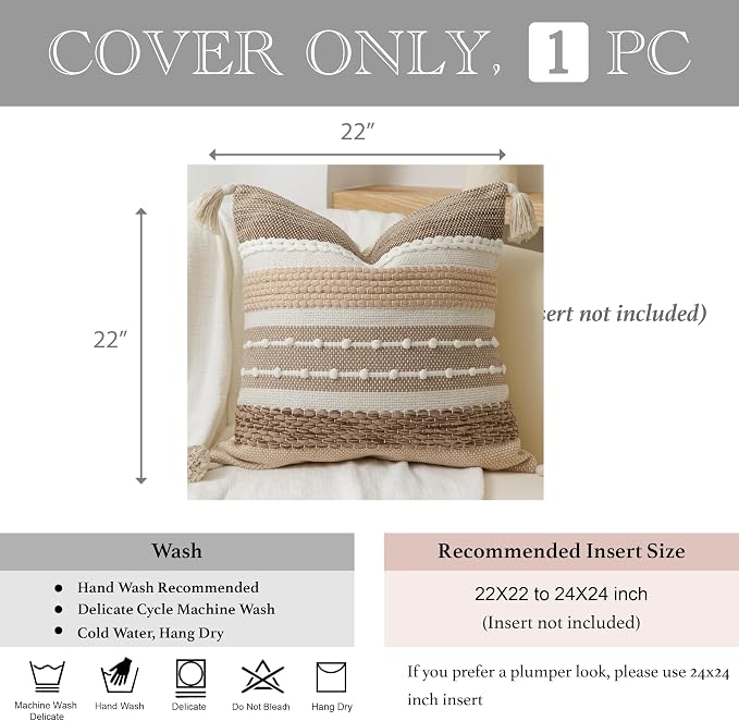 BlissBlush Boho Decorative Throw Pillow Cover 22x22 Square Brown Accent - Image 4