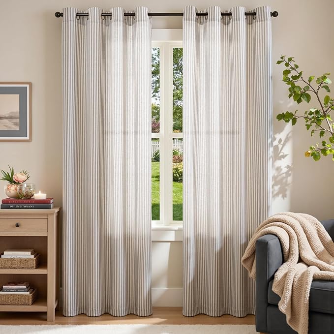 jinchan Linen Curtains for Living Room Taupe Grey on Beige Striped Curtains for - Image 2