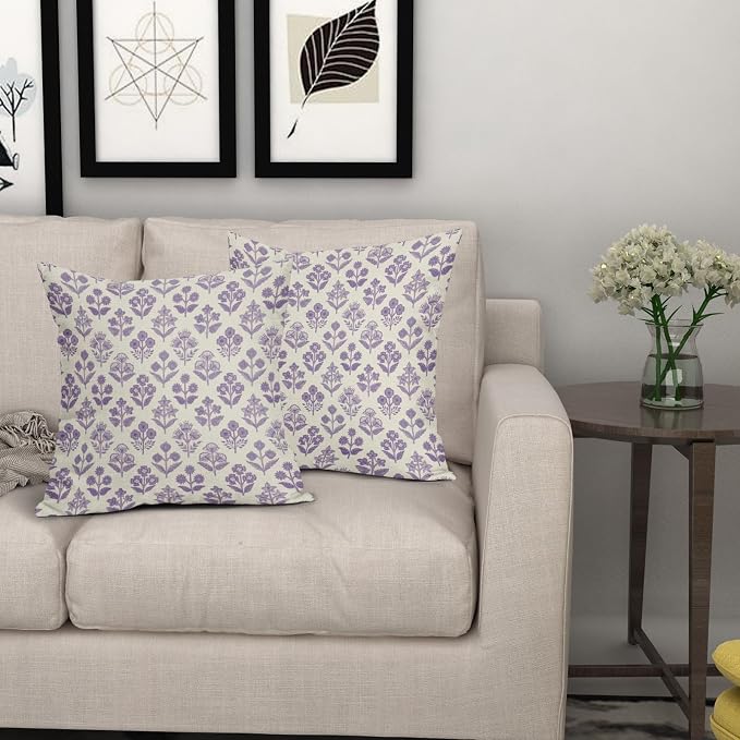 Purple Floral Block Print Pillow Covers 16x16 Inch Set of 2, Vintage Flower - Image 7