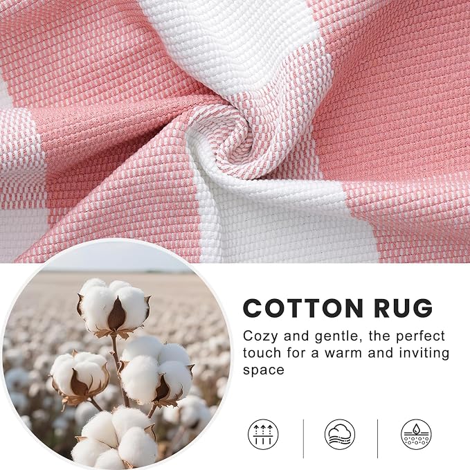 OLANLY Buffalo Plaid Rug 2' x 3' – Pink and White Cotton Checkered Doormat - Image 3