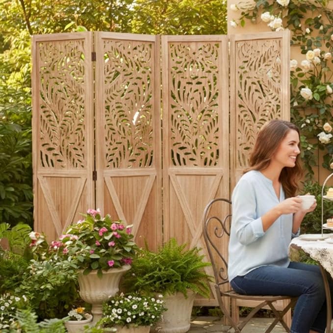 Boho Room Divider with Leaves Carving, 4-Panel Openwork Wood Screen, Decorative by Jostyle