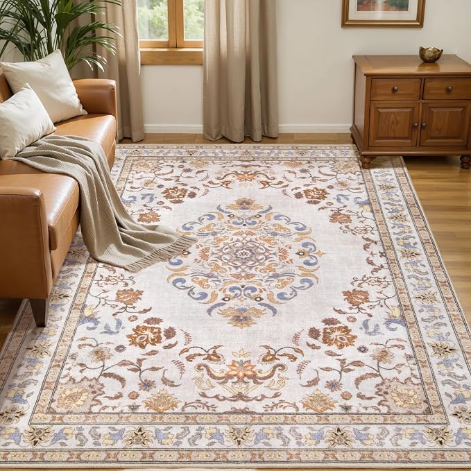 Tangsoo Washable Area Rugs 3x5 Non Slip, Boho Vintage Beige Neutral Throw Rug by Tangsoo