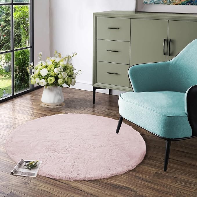 Latepis Light Pink Circle Rug 3ft Fuzzy Round Throw Rug Non-Slip Faux Rabbit by Latepis