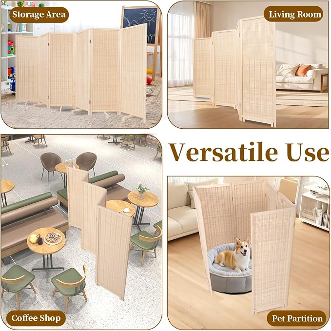 Bamboo Room Divider Panel with 360°Rotating Feet, 6 Panel 47" H Short Folding - Image 7