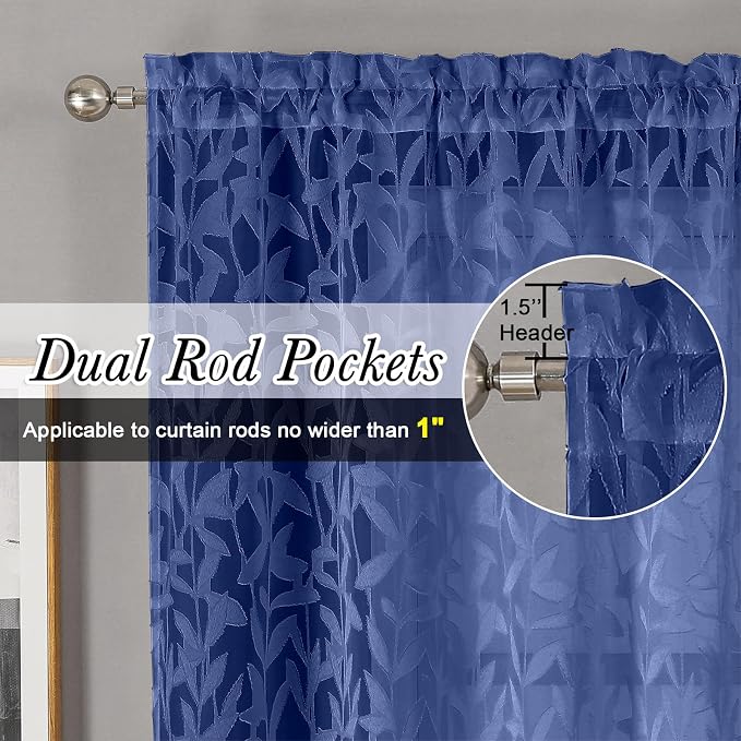 Lecloud Leia Dusty Blue Sheer Kitchen Curtains 36 Inch Length 2 Panels - Image 2