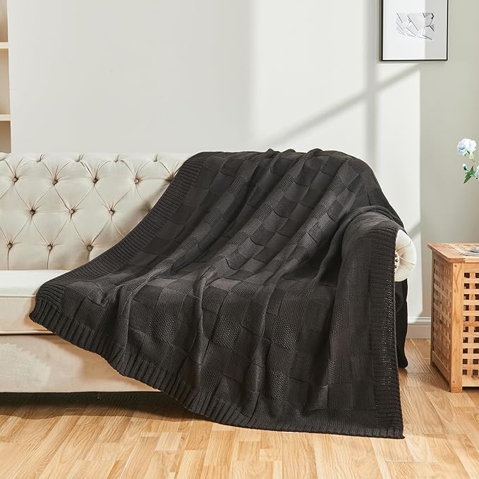 CozeCube Check Knit Throw Blanket, Jet Black Checkered Throw - Image 5