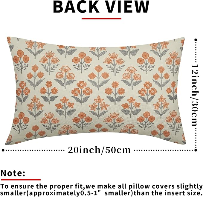 Orange Grey Gray Floral Pillow Covers 12x20 Inch Set of 2, Block Print Lumbar - Image 3