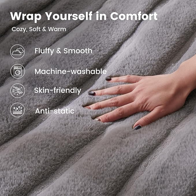 Cozy Bliss Deluxe Sheared Rabbit Faux Fur Throw Blanket, Soft Fuzzy High-Low - Image 5