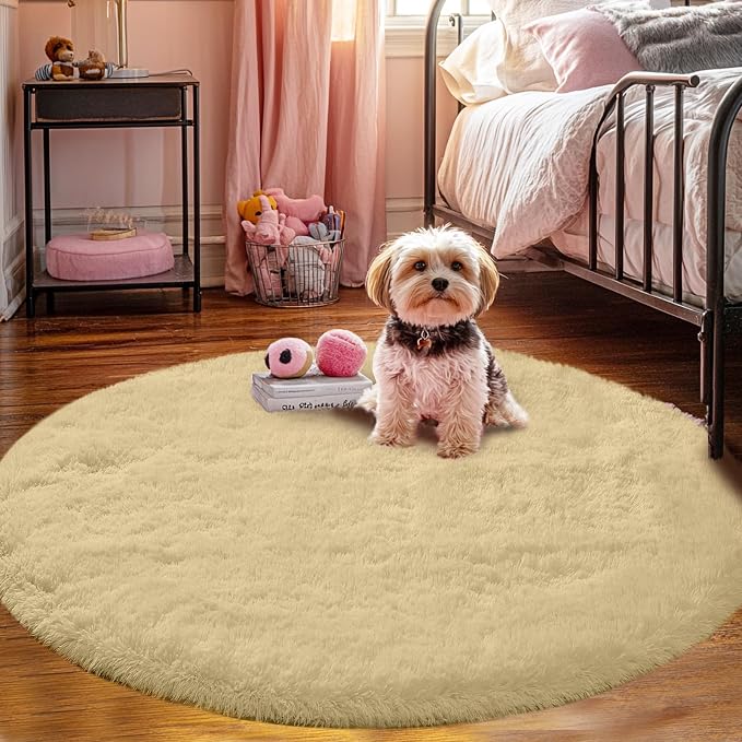 Beige Round Rug for Bedroom: 4x4Feet Soft and Fluffy Area Rug for Living Room- - Image 2