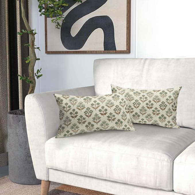 Brown Green Floral Pillow Covers 12x20 Inch Set of 2, Block Print Lumbar Flower - Image 6