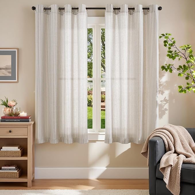 jinchan Linen Curtains for Living Room Taupe Grey on Beige Striped Curtains for - Image 2