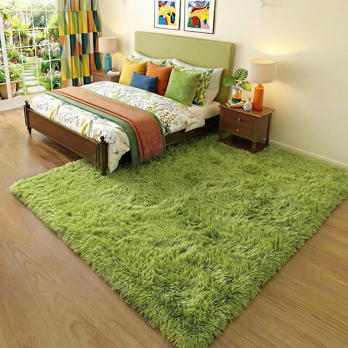 Grass Green Rugs for Bedroom, Fluffy Shag Area Rug 4x6 for Kids Room Living by Amdrebio