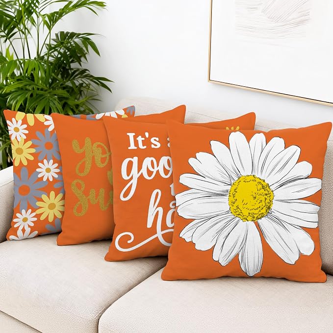 Hexagram Spring Summer Pillow Covers 18x18 Set of 4, Outdoor Floral Daisy - Image 2