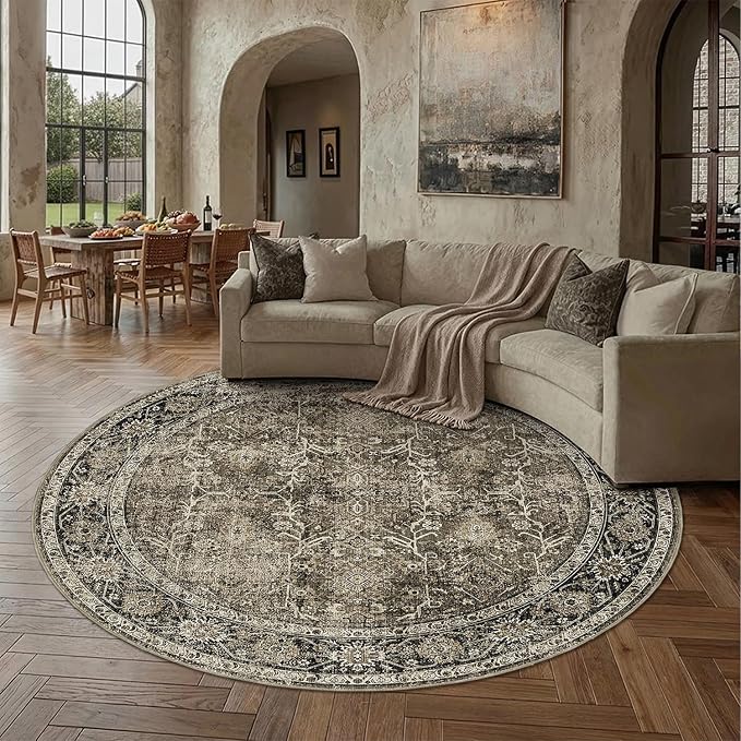 PureCozy Brown Round Area Rug 6ft Washable 6x6 Circle Vintage Low Pile Indoor - Image 2