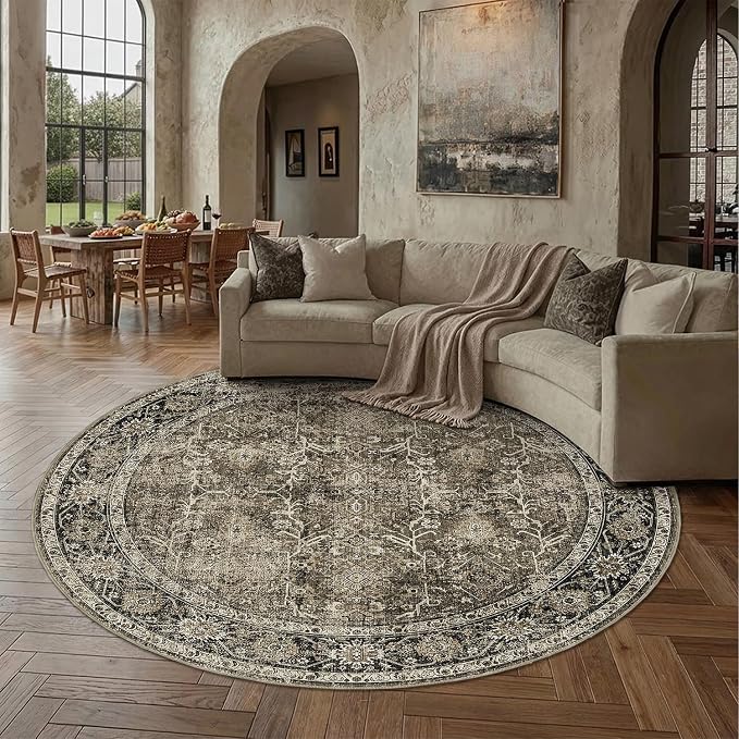 PureCozy Brown Round Area Rug 8ft Washable 8x8 Circle Vintage Low Pile Indoor by PureCozy