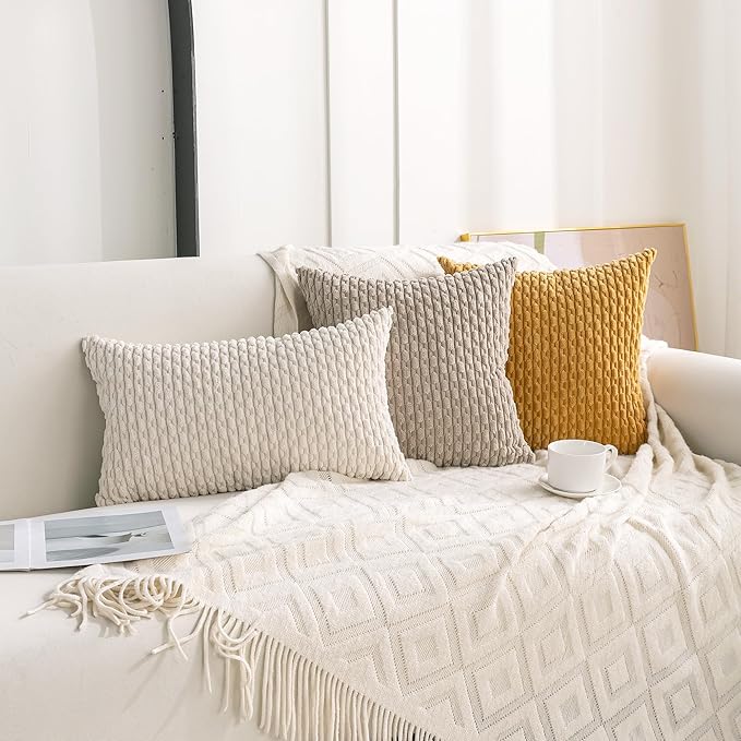 Set of 4 Neutral Decorative Throw Pillow Covers 18x18 Inch Corduroy Pillow - Image 3