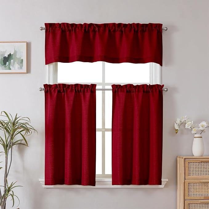 Chyhomenyc Red Valance for Windows, Light Filtering Faux Linen Textured Small - Image 2