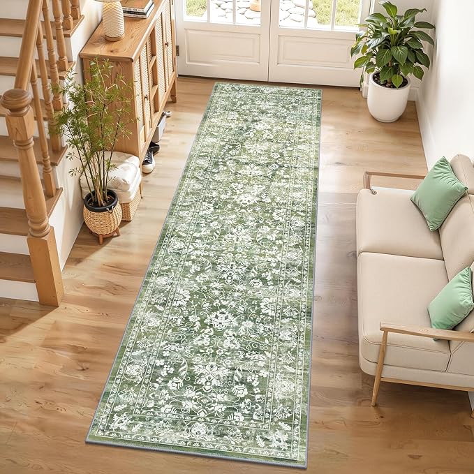 LOKHOM Washable Runner Rug, 2x8 Green Non-Slip Vintage Hallway Runner Rug - Image 9