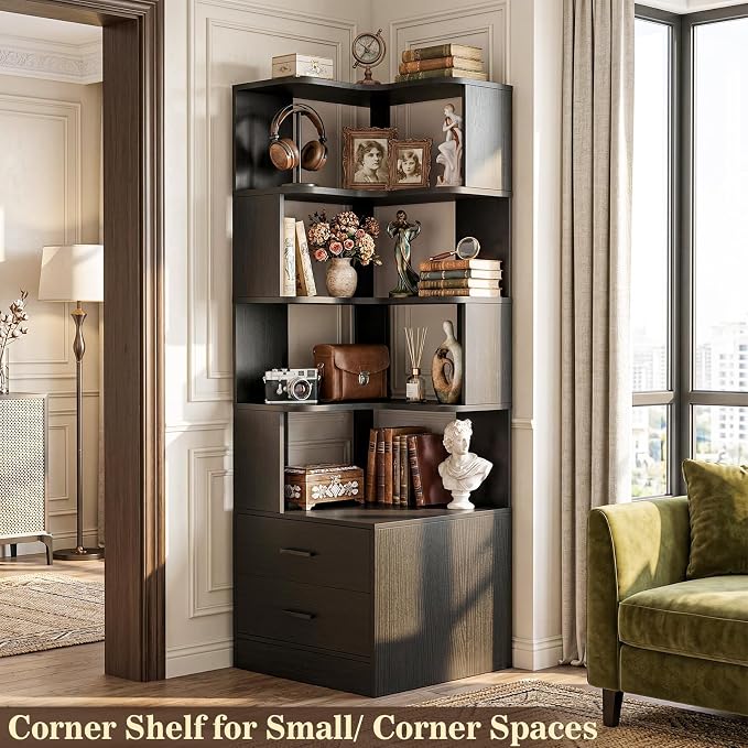 Armocity Corner Bookshelf with Drawers, 7 Tier Corner Book Shelf Display - Image 5