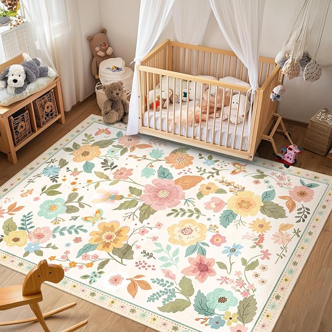 RELEANY Floral Nursery 5x7 Area Rugs Washable Print Boho Cute Carpet Non Slip - Image 2