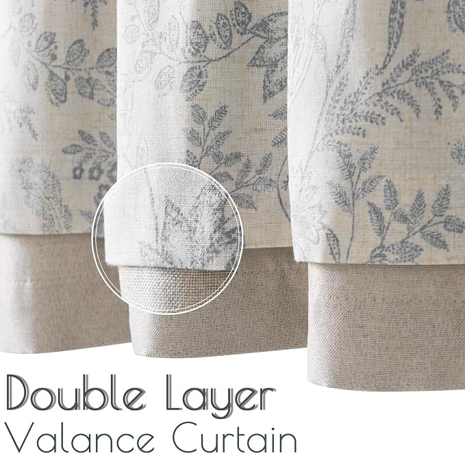 jinchan Linen Valance Curtain Farmhouse Grey Floral Printed Small Window Curtain - Image 4