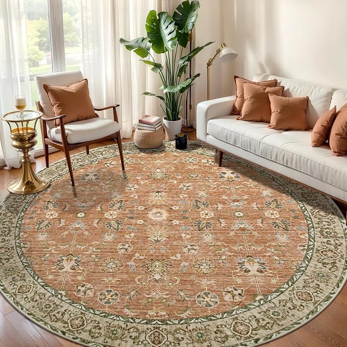 Tangsoo Vintage Round Rug 6ft Washable Circle Rug, Non Slip Boho Round Area Rug by Tangsoo