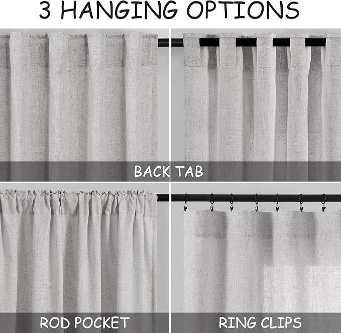 Nanspring Grey Linen Semi Sheer Curtains 108 Inches Long 2 Panels Back Tab Loop - Image 3