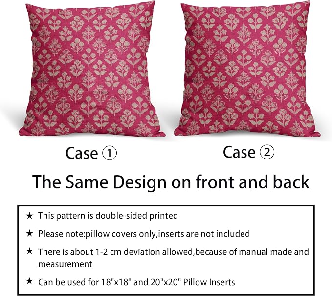 Hot Pink Floral Pillow Covers 22x22 Inch Set of 2, Vintage Flower Block Pattern - Image 6