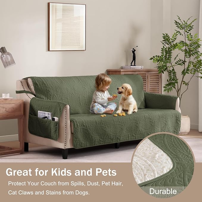 Quilted Olive Green Sofa Slipcovers - Image 8