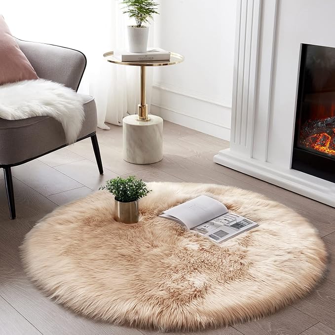 SERISSA Soft Round Faux Sheepskin Fur Area Rug Beige Circle Fluffy Rugs by SERISSAHomeDecorCollection