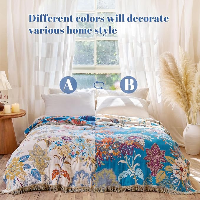 MSGKV Boho Throw Blanket for Couch Cotton Floral Blanket 50"x60" Throws for - Image 3