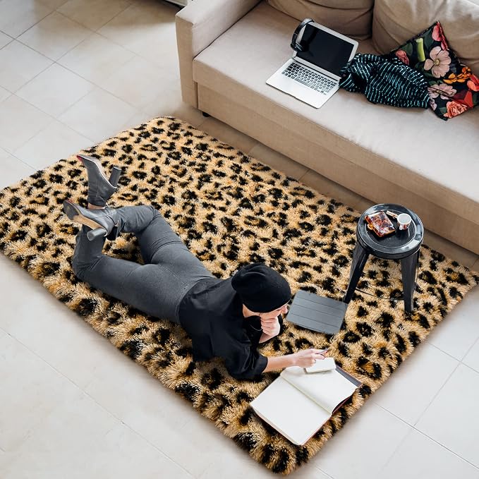 Amearea Fluffy Leopard Rug, Modern Cheetah Print Rugs, Soft Comfy Faux Fur - Image 4