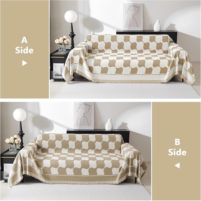 MEETSKY Couch Cover Modern Khaki White Plaid Jacquard Sofa Slipcover U Shape - Image 4